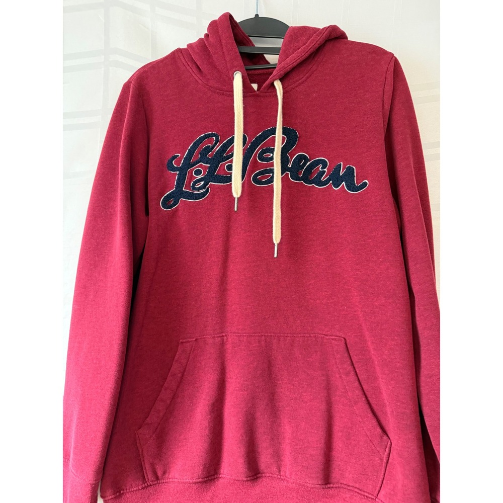 LL Bean Womens Script Logo Hoodie Red Heathered Fleece Sweatshirt Large 517787